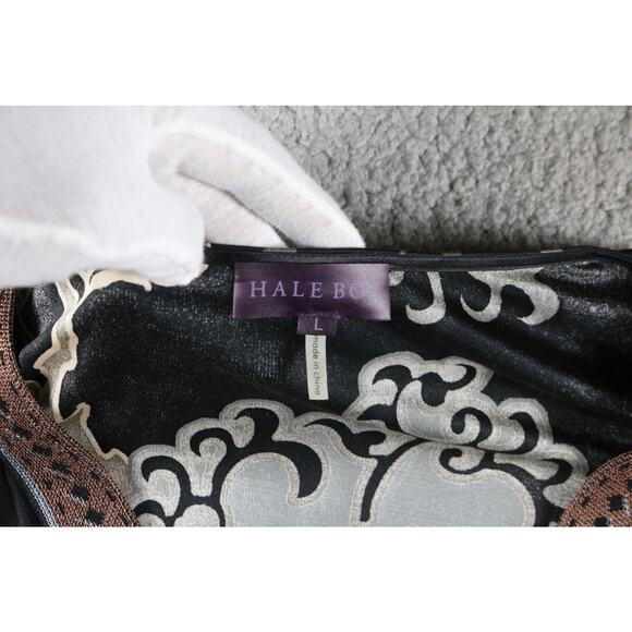 Hale Bob Dress L Floral Silk Multicolor Faux Wrap Knit Trim Pull On - Picture 4 of 7